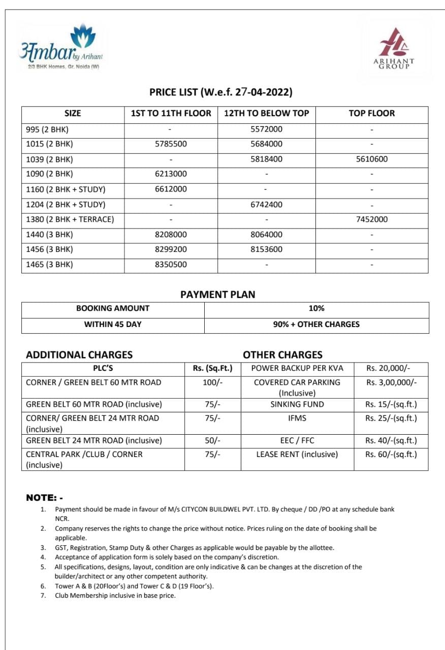 Arihant Ambar Price List